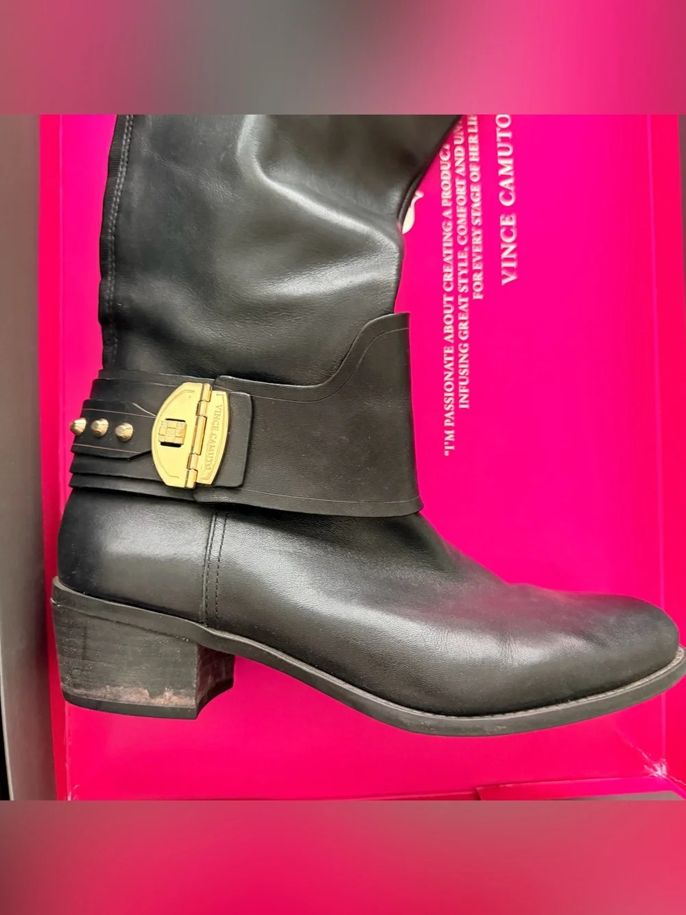 Vince Camuto Beatrix Black Leather Over-the-Knee Boots with Gold Studs & Buckle